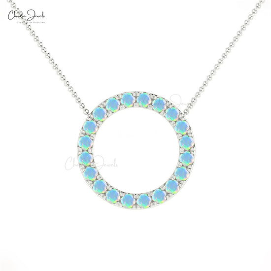 Elegant 1ct Opal Gemstone Necklace 14k Real Gold Open Circle Pave Set Necklace For Wedding Gift