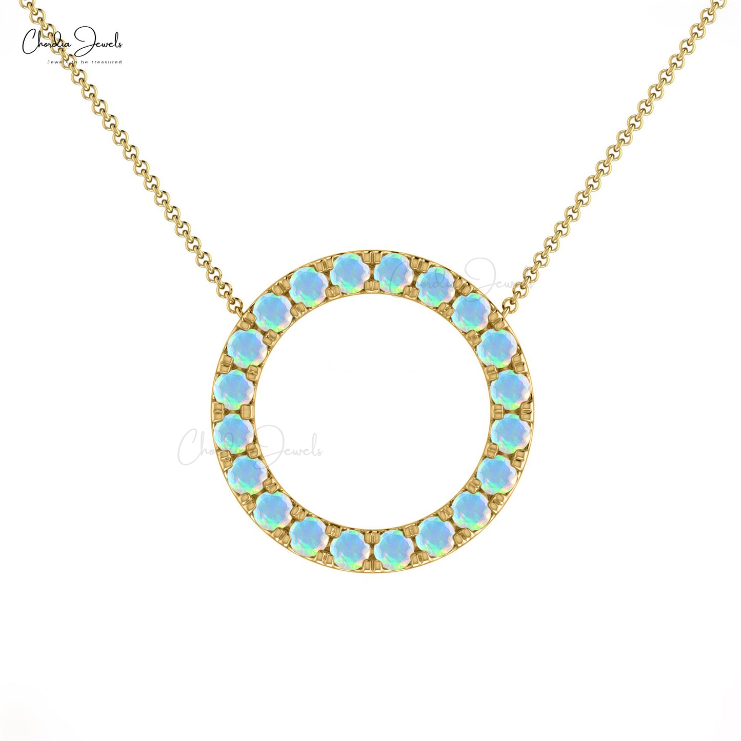 Elegant 1ct Opal Gemstone Necklace 14k Real Gold Open Circle Pave Set Necklace For Wedding Gift