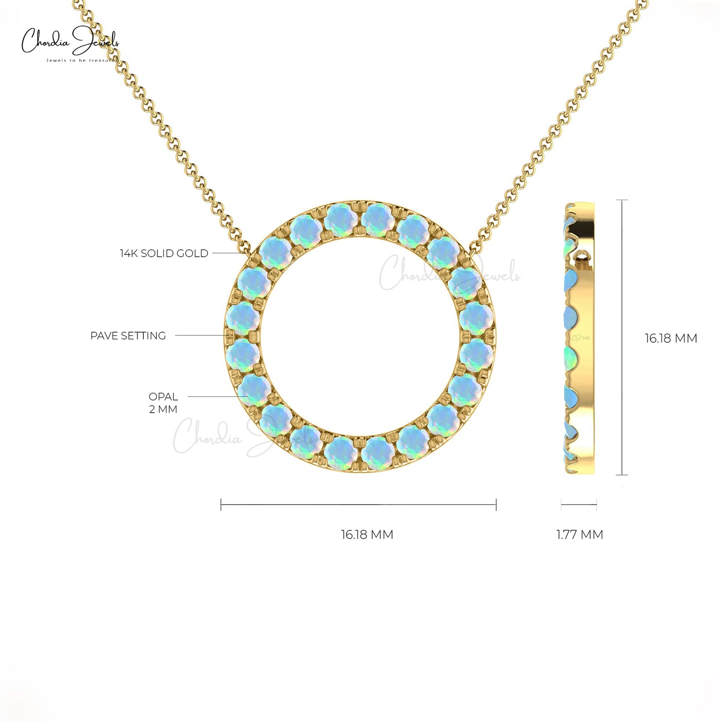 Elegant 1ct Opal Gemstone Necklace 14k Real Gold Open Circle Pave Set Necklace For Wedding Gift