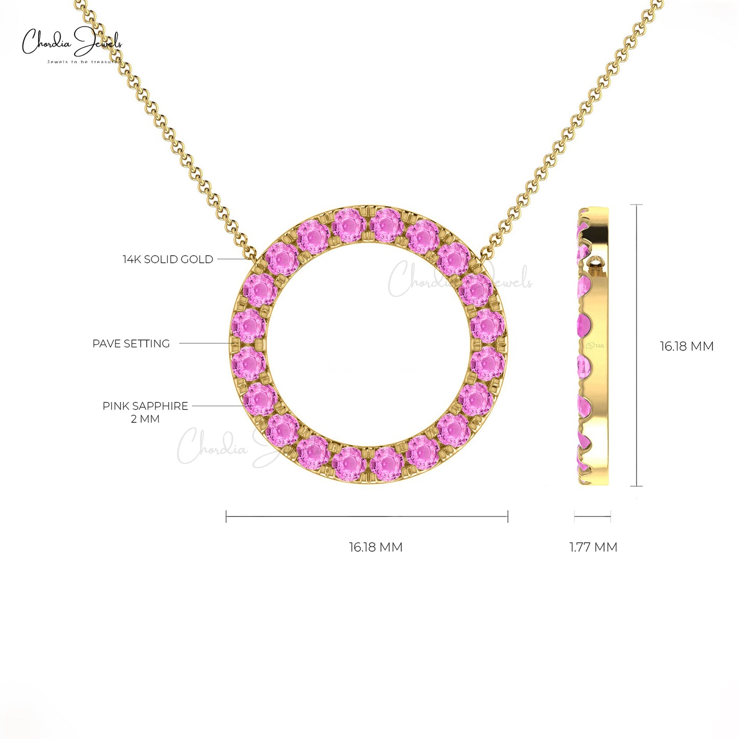 Iconic Pink Sapphire Open Circle Necklace 1.00Ct Round Cut Natural Gemstone Pave Set Necklace 14k Real Gold Art Deco Jewelry For Valentine's Day