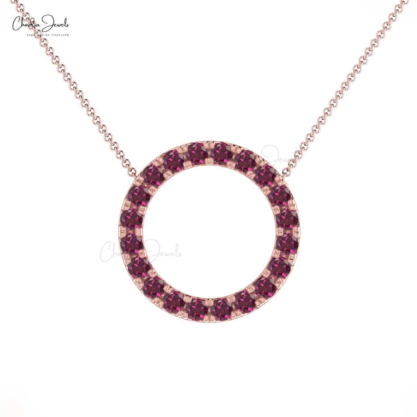 Real 14k Gold Eternity Halo Necklace Genuine Rhodolite Garnet Delicate Circle Charm Necklace