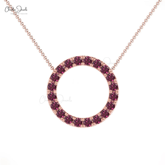 Real 14k Gold Eternity Halo Necklace Genuine Rhodolite Garnet Delicate Circle Charm Necklace