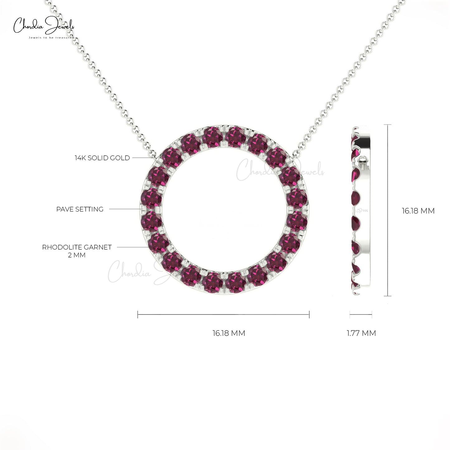 Real 14k Gold Eternity Halo Necklace Genuine Rhodolite Garnet Delicate Circle Charm Necklace