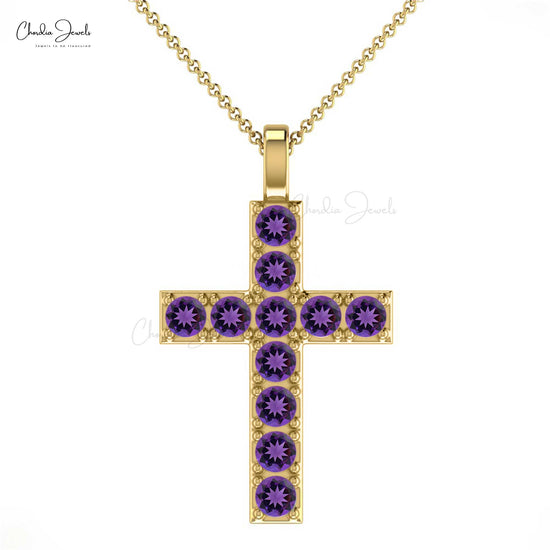 Purple Amethyst Gemstone Religious Pendant 14k Solid Gold 0.66Ct Round Cut Cross Jewelry