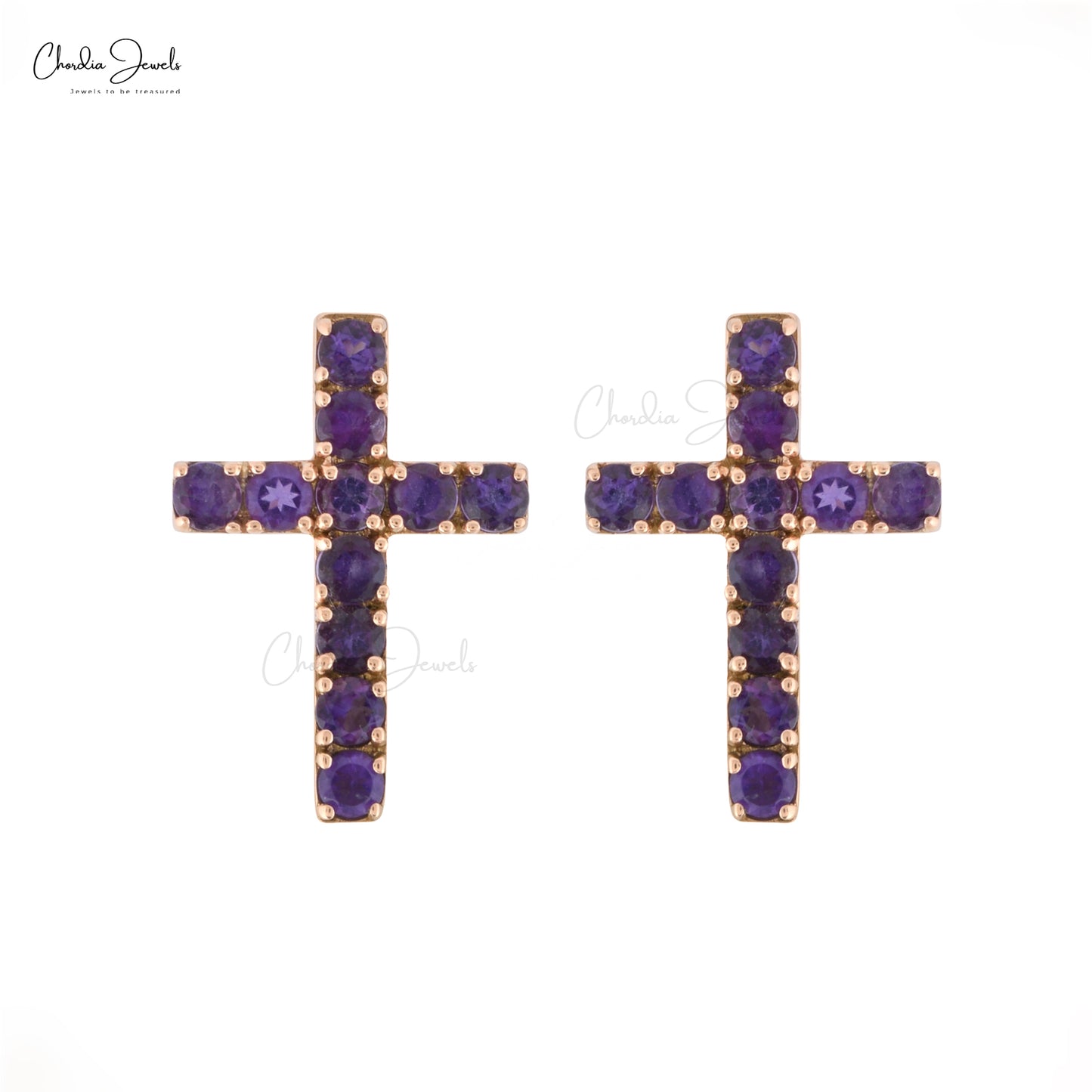 amethyst round cut religious stud earring in 14k solid gold for february birthstone in religious pattern