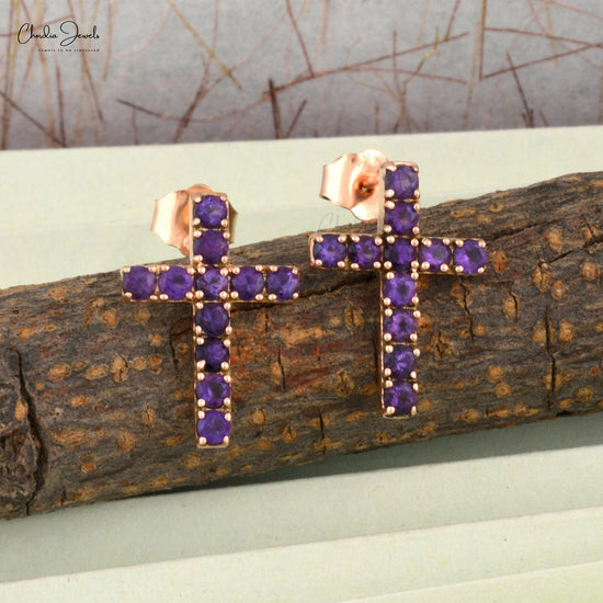 amethyst round cut religious  stud earring in 14k solid gold for february birthstone in religious pattern