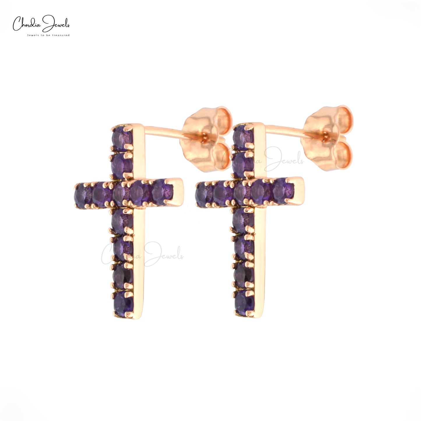 amethyst round cut religious stud earring in 14k solid gold for february birthstone in religious pattern