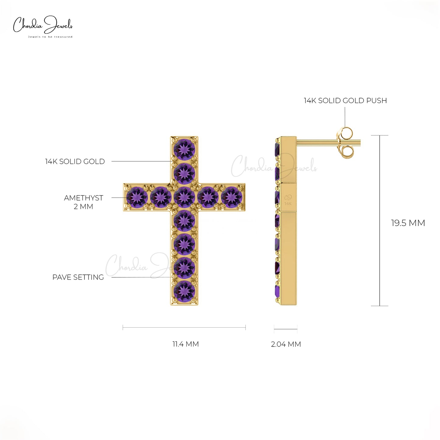 Genuine Amethyst 2mm Round Cut Natural Gemstone Religious Studs, 1.32 Ct February Birthstone Cross Stud Earrings, 14k Solid Gold Gemstone Jewelry For Birthday Gift