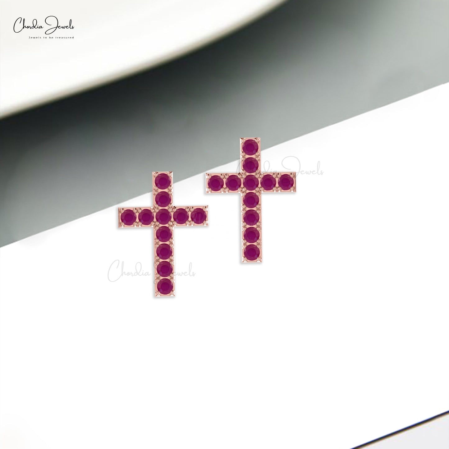 Delicate Ruby Cross Earrings 2mm Round Gemstone Minimalist Studs Genuine 14k Real Gold Pave Set Earrings For Fiance Gift