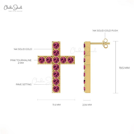 Genuine Pink Tourmaline 2mm Round Cut Cross Studs Earring 14k Real Gold October Birthstone Pave Set Dainty Jewelry For Wedding Gift