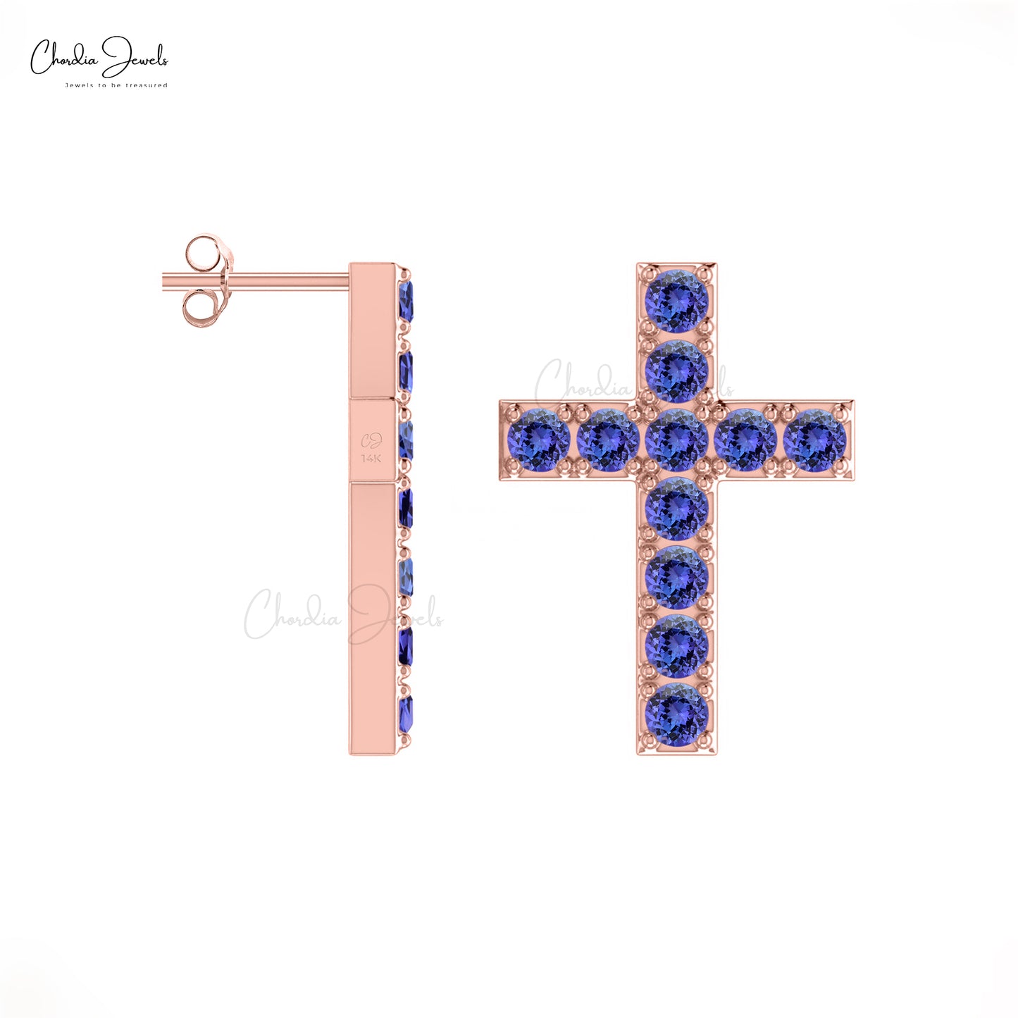Elegant Tanzanite Cross Studs in 14k Solid Gold Religious 2mm Round-Cut Earrings For Her