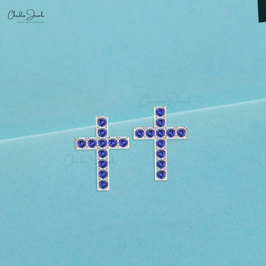 Load image into Gallery viewer, tanzanite cross studs

