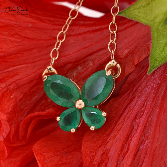 May Birthstone 4-Stone Gemstone Butterfly Necklace, 1.24 Carat Natural Green Emerald Necklace Pendant, 14k Solid Rose Gold Fine Jewelry For Anniversary Gift