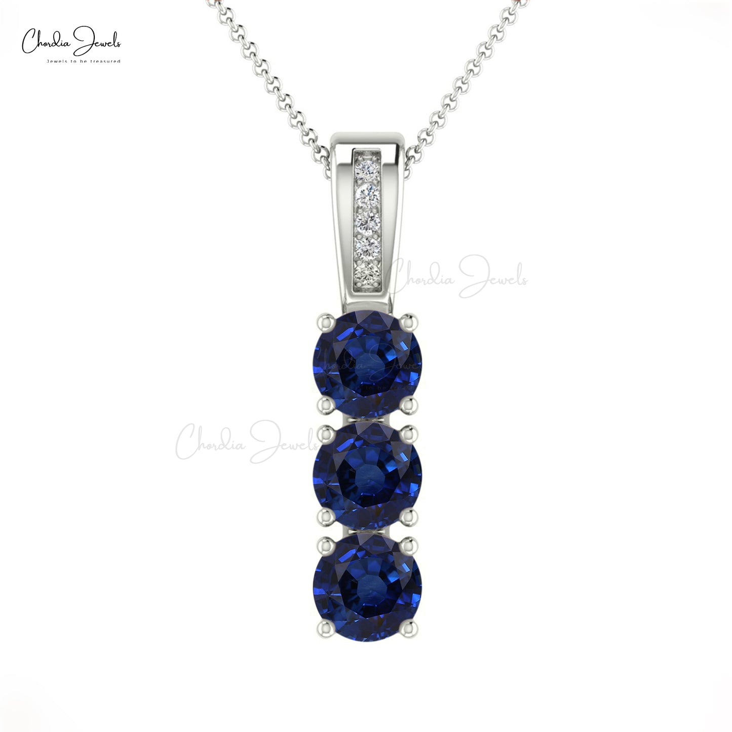 Genuine Blue Sapphire 0.75Ct Trio Gemstone & Diamond Pendant  in 14k Solid Gold Jewelry