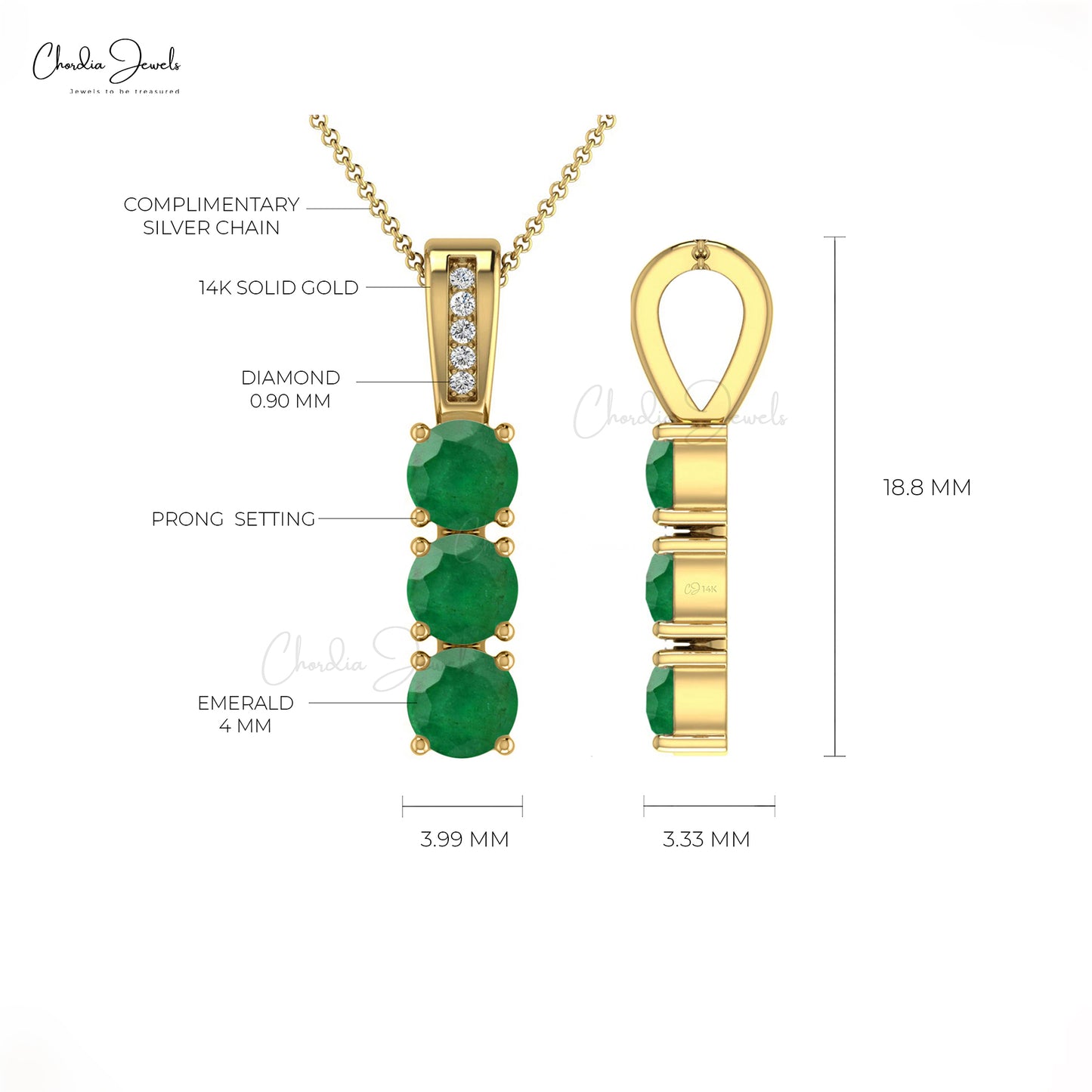 Natural Emerald May Birthstone Pendant 4mm Brilliant Round Cut Gemstone Pendant 14k Solid Gold White Diamond Pendant For Her