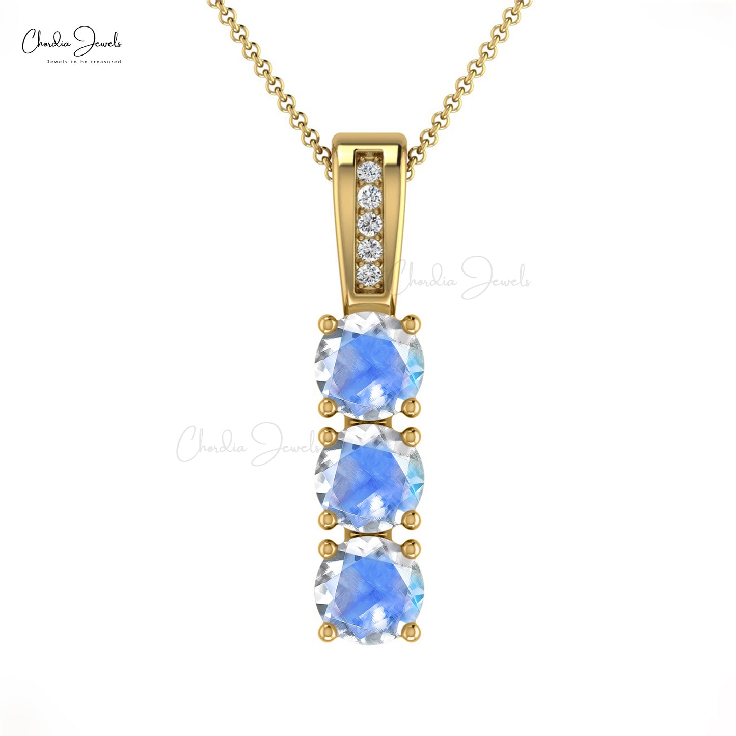 Delicate Rainbow Moonstone & White Diamond Pendant Necklace 14k Real Gold Pendant Gift