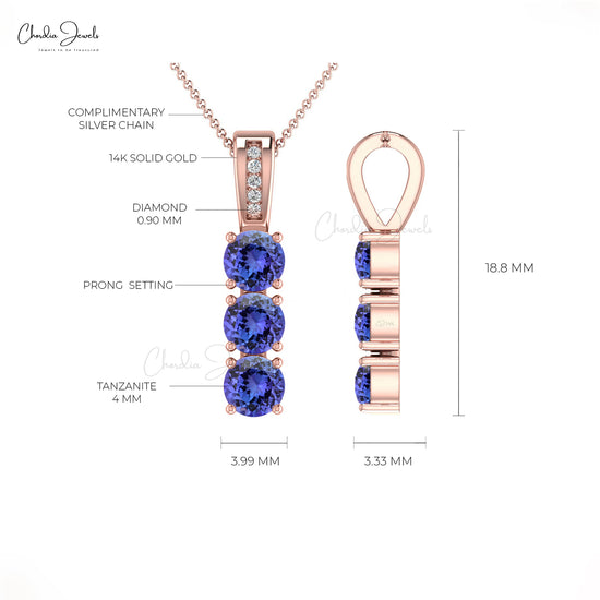 Trilogy Women Pendant With 4mm Tanzanite And Diamond Accents In 14k Solid Gold Pendants