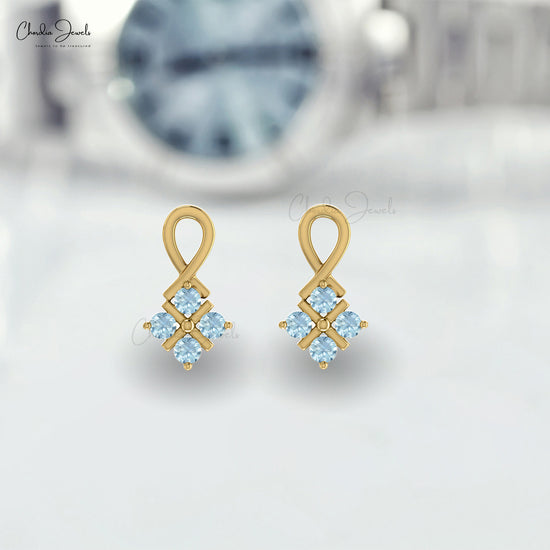 Natural Aquamarine March Birthstone Twisted Earrings 2mm Round Cut Gemstone Push Back Studs 14k Real Gold Fine Jewelry
