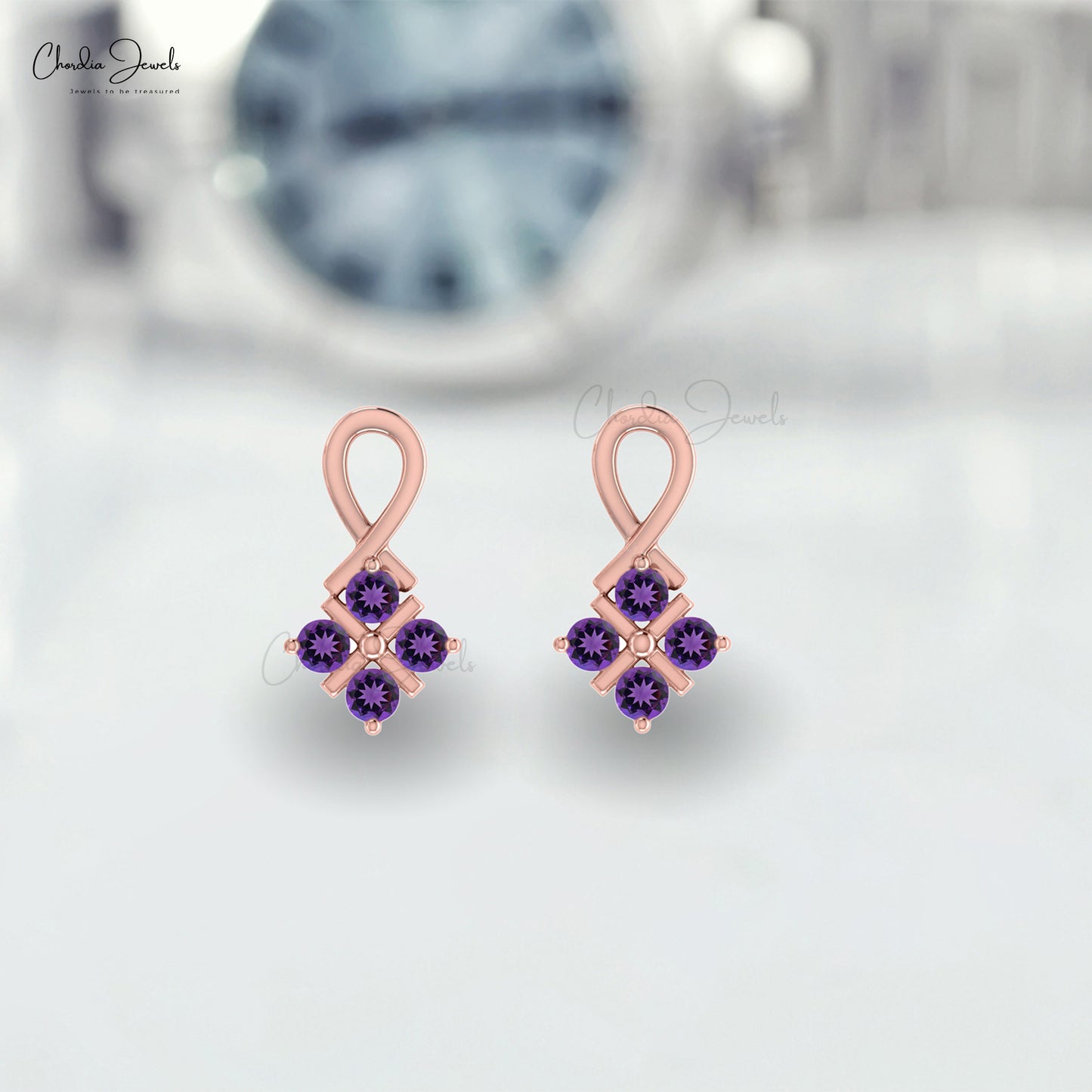 Cluster Wedding Studs In Pure 14k Gold Amethyst 2mm Gemstone Twisted Women Earrings
