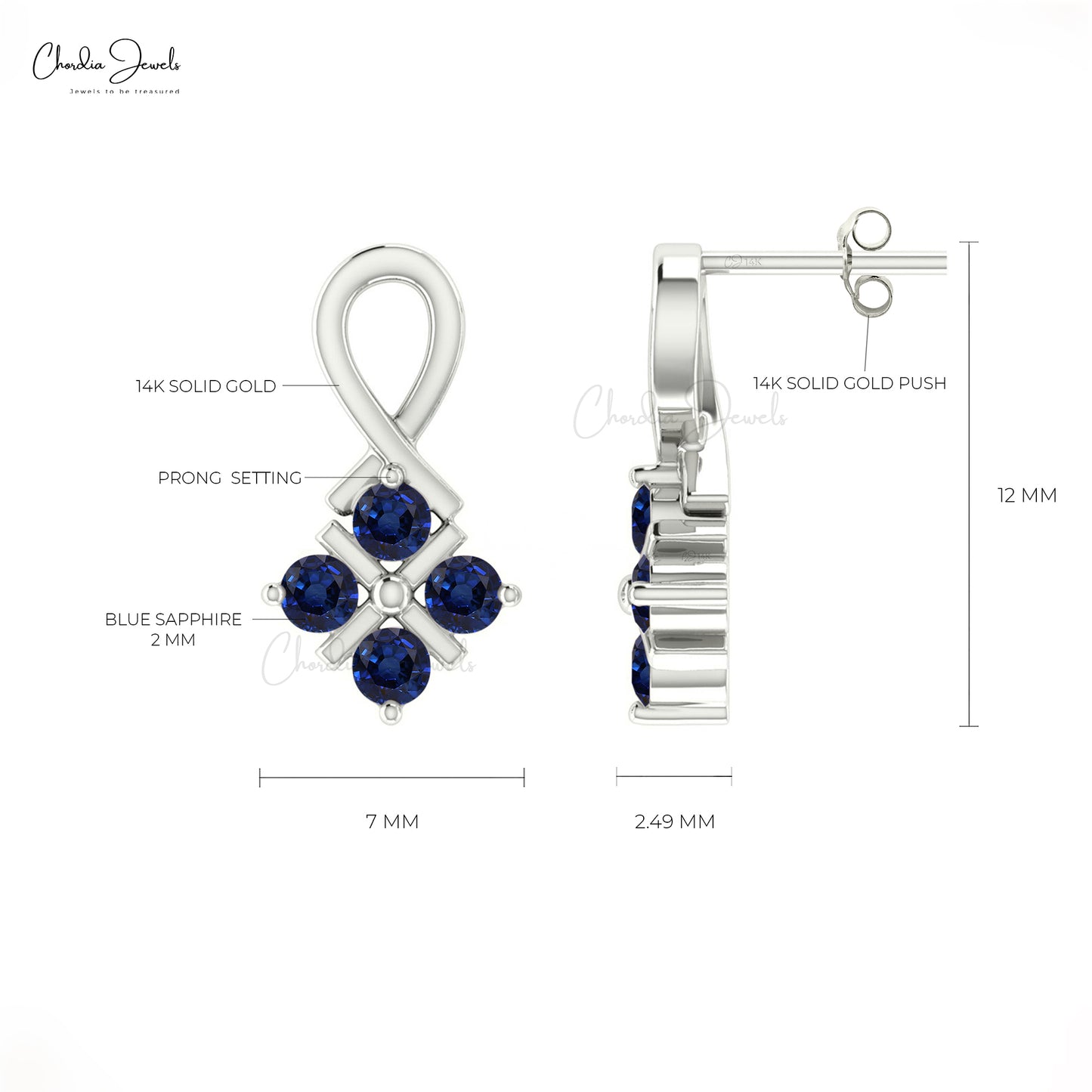 Twisted Stud Earrings With Blue Sapphire Gemstone 14k Real Gold Modern Birthstone Earring