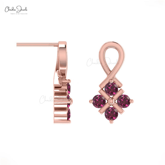 AAA  Rhodolite Garnet Dainty Earrings 14k Real Gold Hallmarked Genuine Twisted Studs 2mm Brilliant Round Cut Gemstone Jewelry For Her