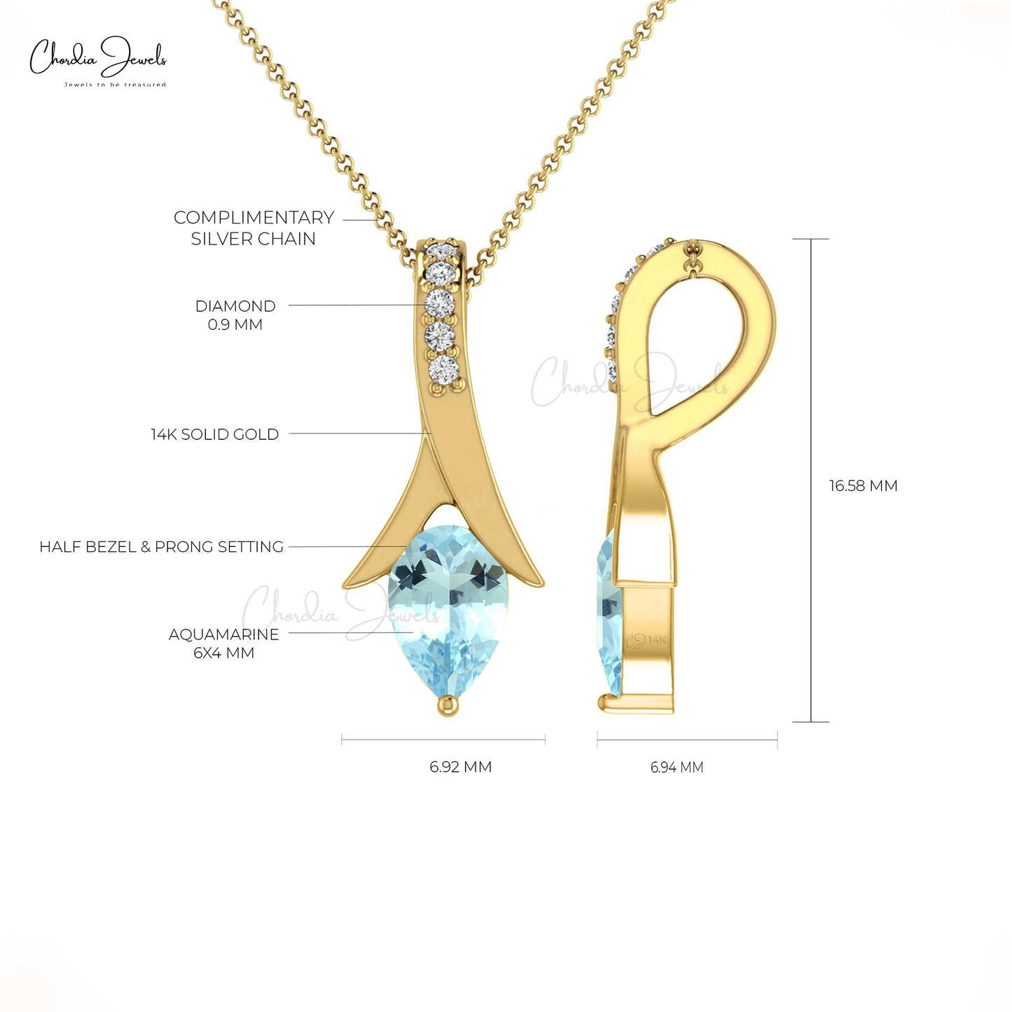 Natural Aquamarine Tear Drop Pendant 14k Solid Gold White Diamond Pendant 0.35 Cts Pear Cut Handmade Gemstone Jewelry For Birthday Gift
