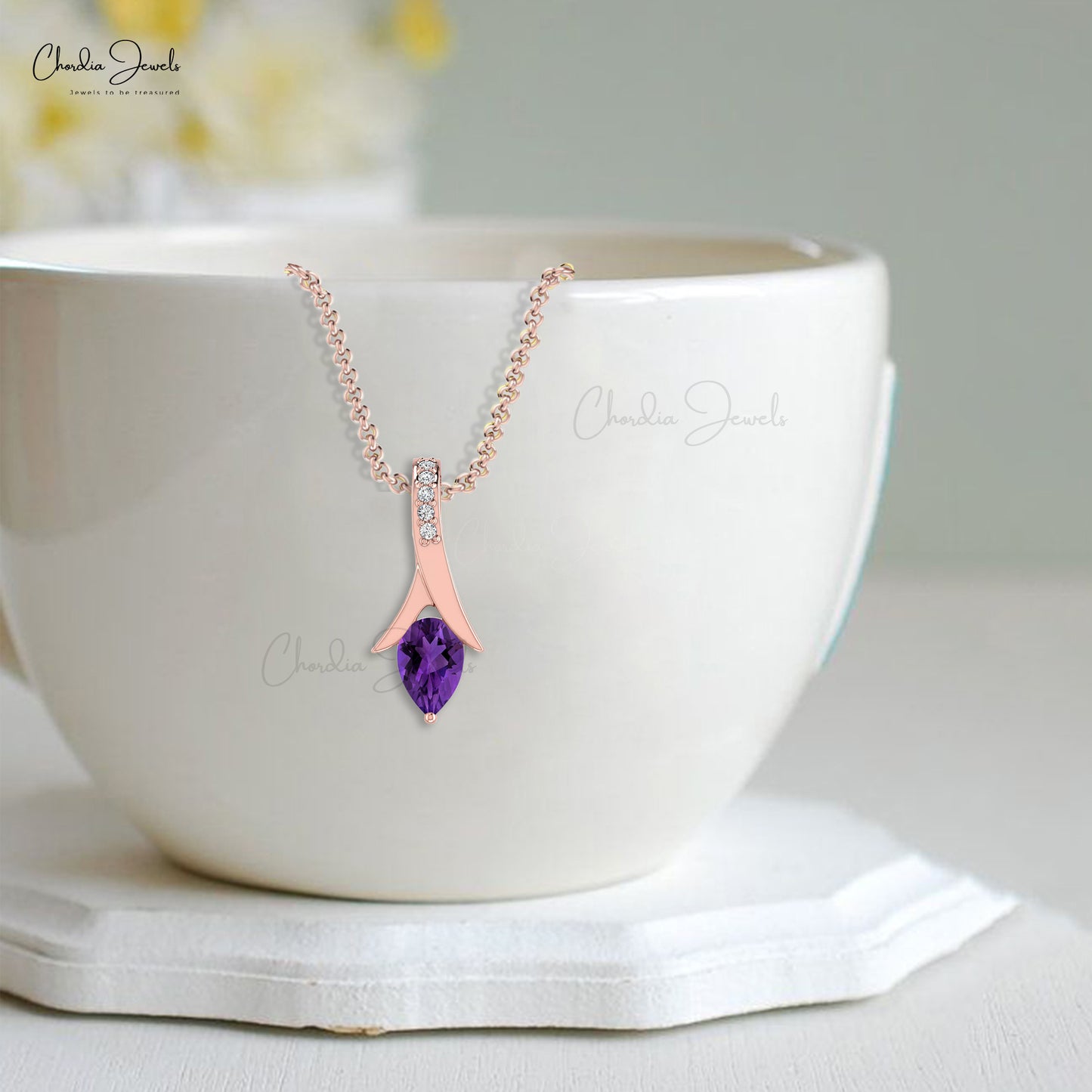Natural Amethyst Tear Drop Pendant 14k Solid Gold White Diamond Pendant 6X4mm Pear Cut Gemstone Jewelry For Birthday Gift