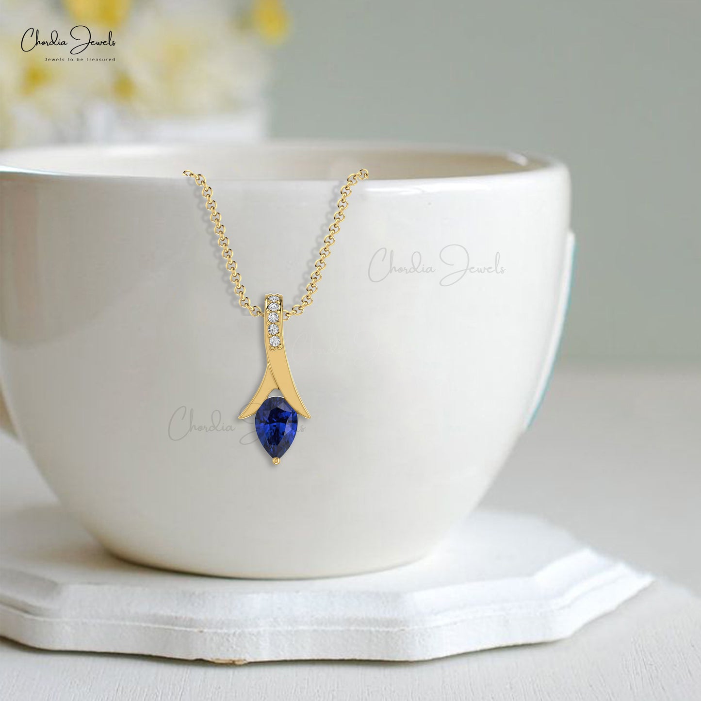 AAA Blue Sapphire Tear Drop Pendant 14k Solid Gold Diamond Pendant 0.35 Cts Pear Cut Handmade Gemstone For September Birthstone