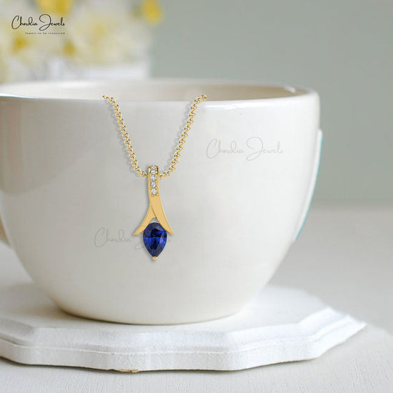 AAA Blue Sapphire Tear Drop Pendant 14k Solid Gold Diamond Pendant 0.35 Cts Pear Cut Handmade Gemstone For September Birthstone