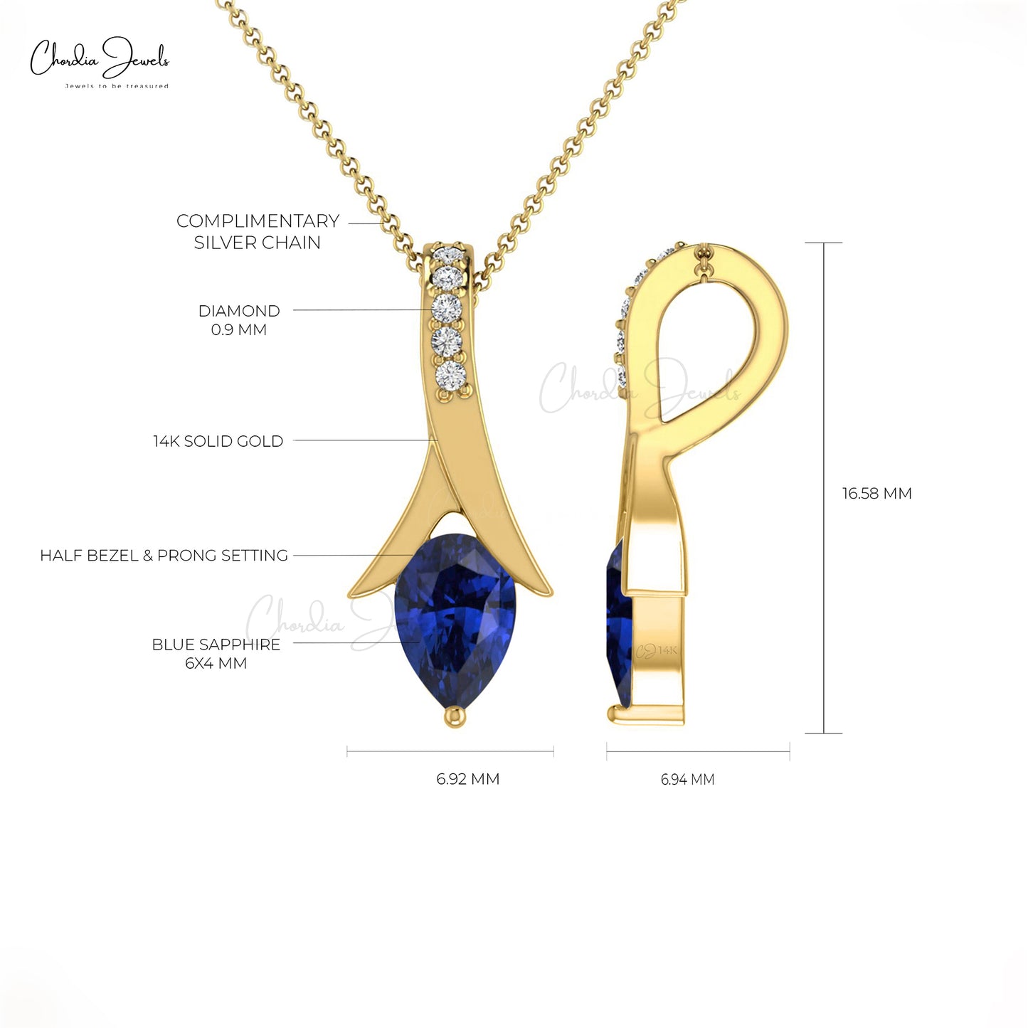 AAA Blue Sapphire Tear Drop Pendant 14k Solid Gold Diamond Pendant 0.35 Cts Pear Cut Handmade Gemstone For September Birthstone