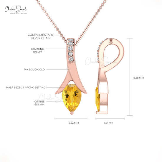 Natural Top Quality Citrine Pendant 14k Solid Gold Diamond Handmade Tear Drop Pendant 6X4mm Pear Cut Pendant For Women