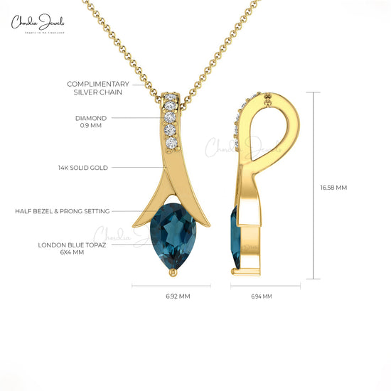 Natural London Blue Topaz AAA Quality Pendant 14k Solid Gold Diamond Tear Drop Pendant 6X4mm Pear Cut Handmade Gemstone Pendant For Women