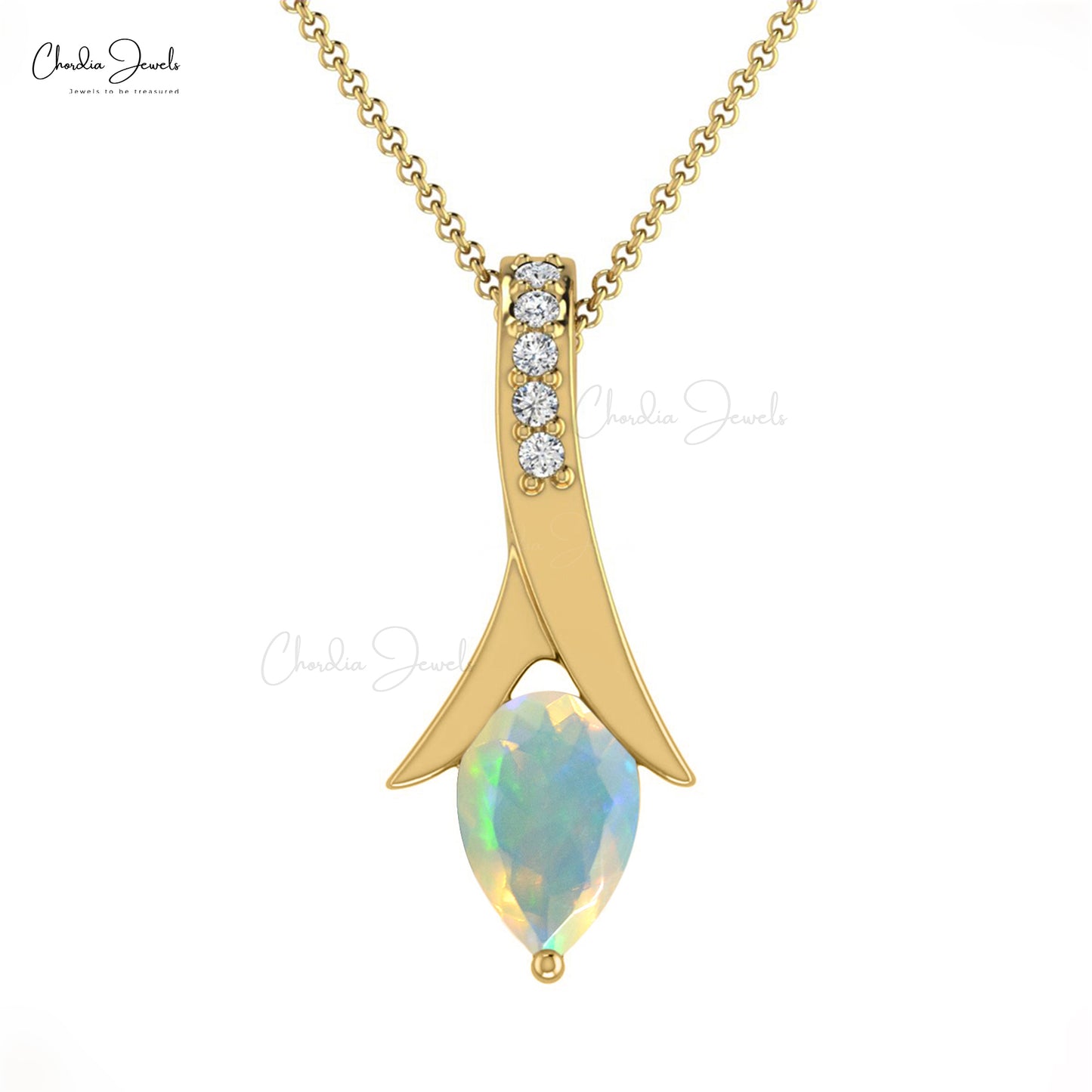 Natural Ethiopian Opal Tear Drop Pendant 6X4mm Pear Cut Handmade Gemstone Pendant Tear Drop 14k Solid Gold White Diamond Pendant For Her