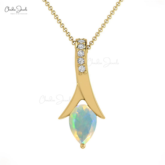 Natural Ethiopian Opal Tear Drop Pendant 6X4mm Pear Cut Handmade Gemstone Pendant Tear Drop 14k Solid Gold White Diamond Pendant For Her