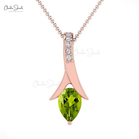 Natural Peridot Tear Drop Handmade Pendant 6X4mm Pear Cut Gemstone Pendant 14k Solid Gold Diamond Jewelry For Women