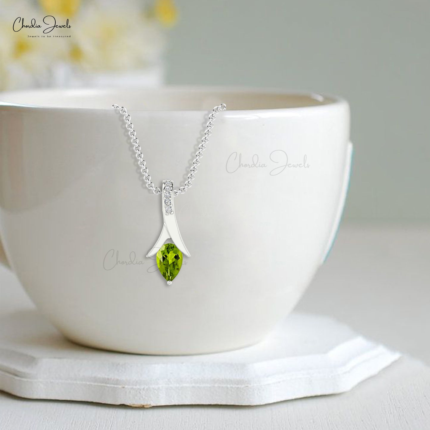 Load image into Gallery viewer, Natural Peridot Tear Drop Handmade Pendant 6X4mm Pear Cut Gemstone Pendant 14k Solid Gold Diamond Jewelry For Women
