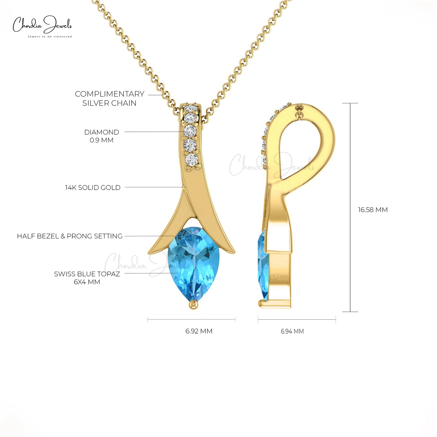 Load image into Gallery viewer, Natural Swiss Blue Topaz Handmade Pendant 14k Solid Gold Diamond Tear Drop Pendant 6X4mm Pear Cut Gemstone Handmade Jewelry For Anniversary Gift
