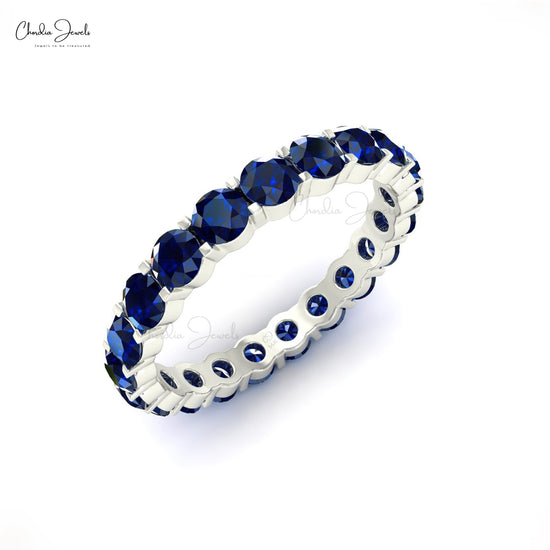 Natural Blue Sapphire Eternity Band 14k White Gold Eternity Band 2.5mm Round Gemstone Handmade Eternity Band Gift for Her