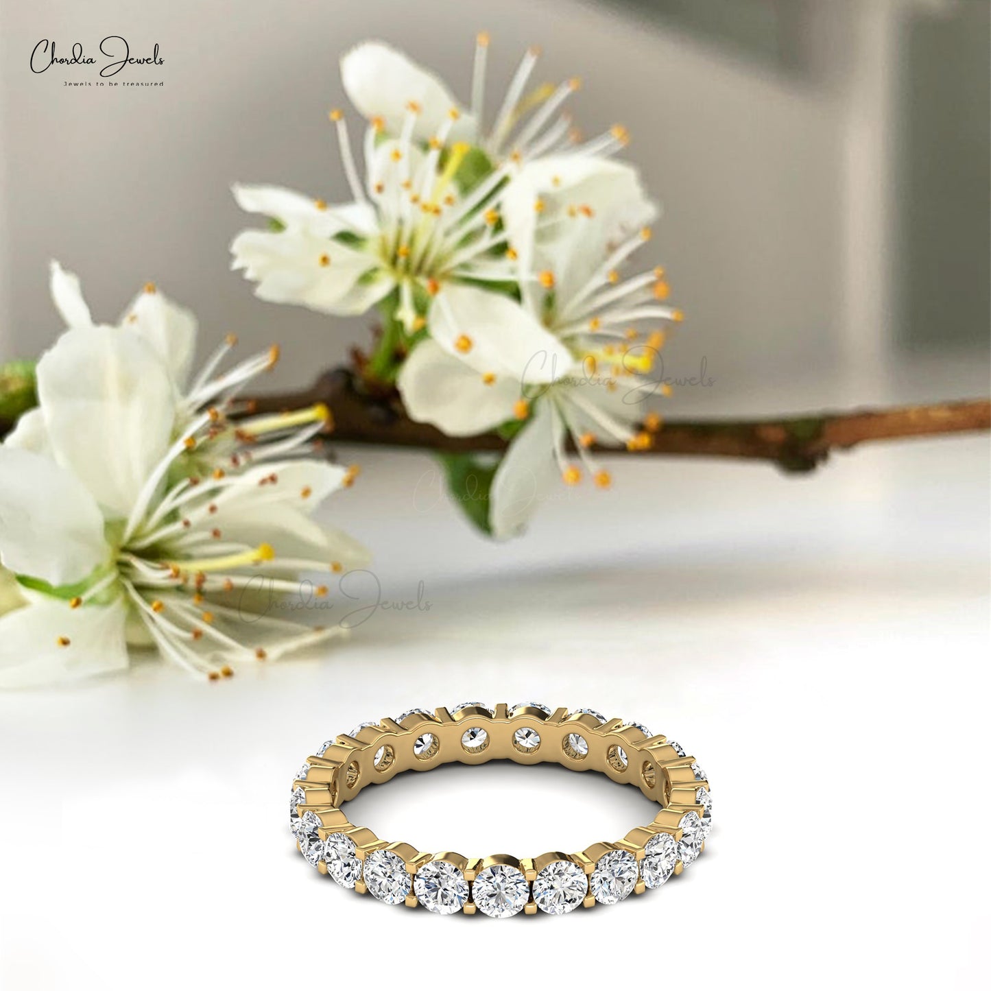 Real 14k Gold White Diamond Dainty Eternity Band 2.50mm Round Cut Prong Set Eternity Engagement Ring April Birthstone Summer Jewelry