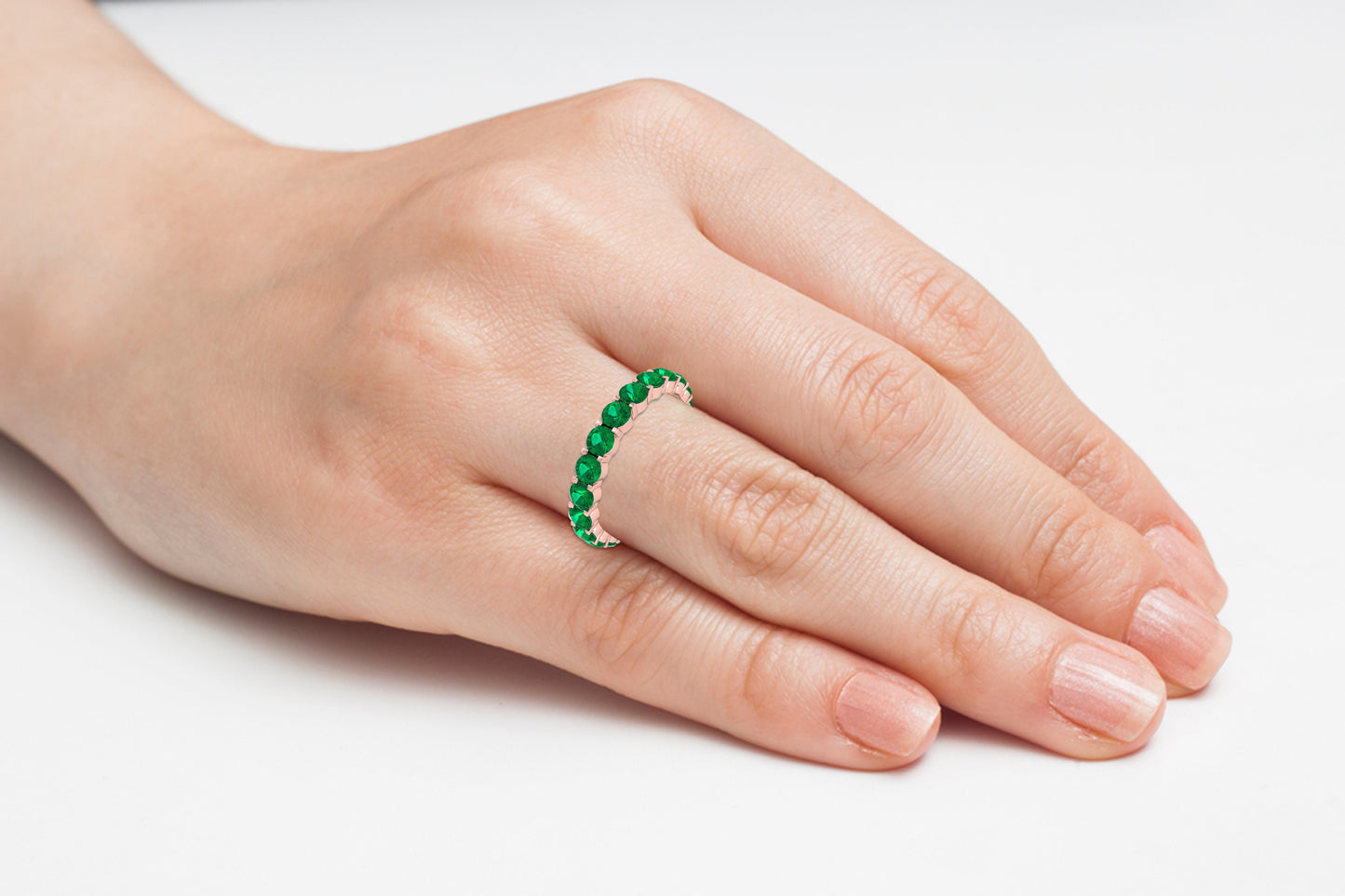 Full Eternity Engagement Band 1.26Ct Emerald Stacking Ring In 14k Solid Gold