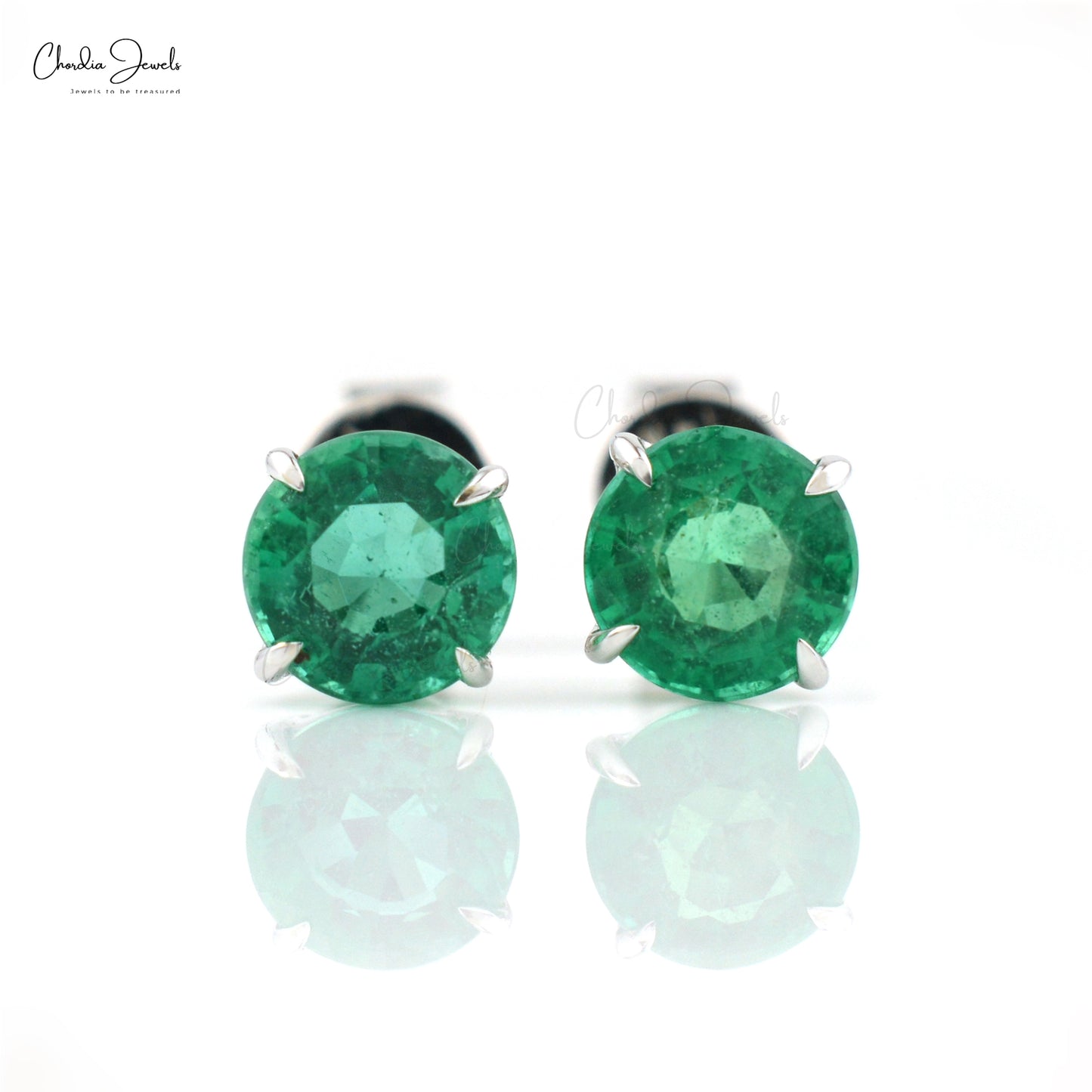 Solitaire 2.10ct Round Emerald Push Back Studs in 14k Solid White Gold