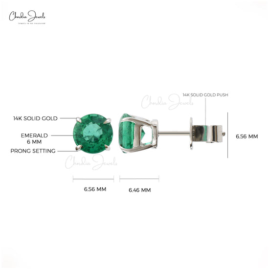 Genuine Emerald 14k Solid White Gold Stud Earrings 6mm Round Cut Gemstone Antique Art Deco Earrings For May Birthstone