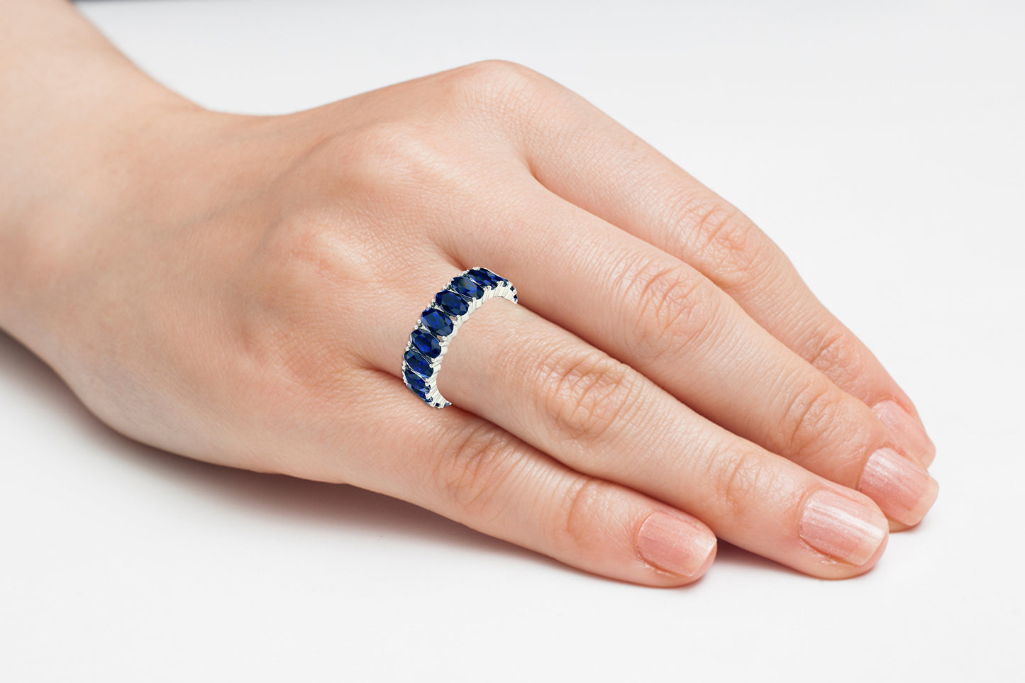 Brilliant Oval Cut Blue Sapphire Eternity Gemstone Band Ring For Engagement