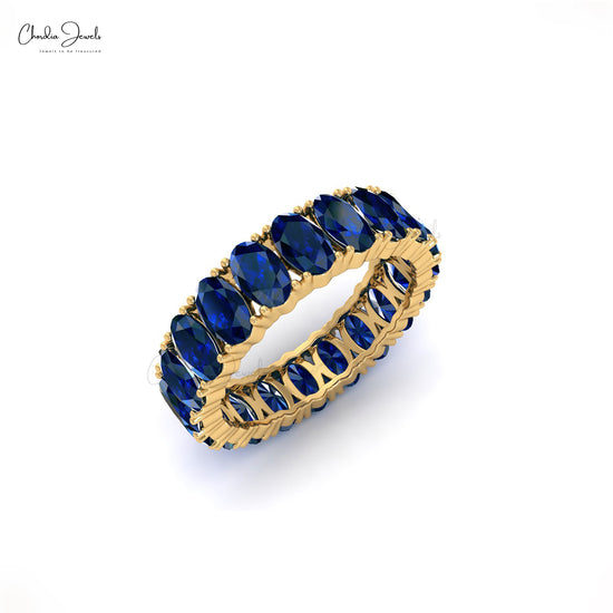 Natural Blue Sapphire Eternity Band 5x3mm Oval Cut Ring Size US-5.5 14k Solid Yellow Gold Ring For Her