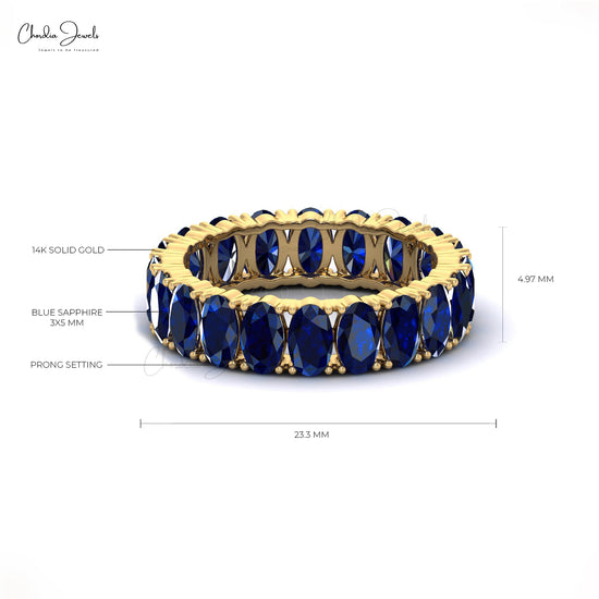 Oval Cut 5x3mm Genuine Blue Sapphire Eternity Band 14k Solid Yellow Gold Ring Size US-7.5 Prong Set Ring For Wedding