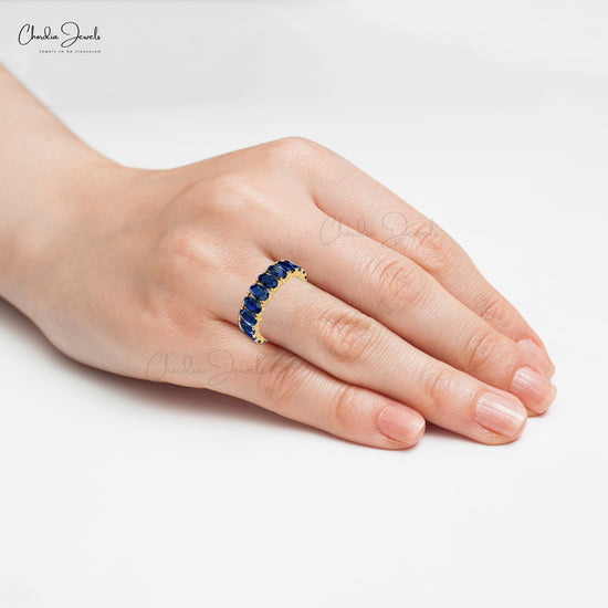 Natural Blue Sapphire Eternity Band 5x3mm Oval Cut Ring Size US-5.5 14k Solid Yellow Gold Ring For Her