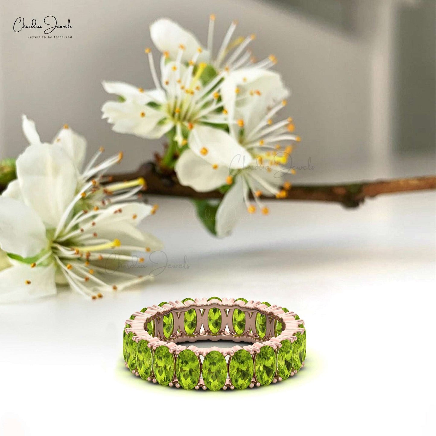 14k Solid Gold Eternity Band For Women 5x3mm Oval Cut Natural Peridot