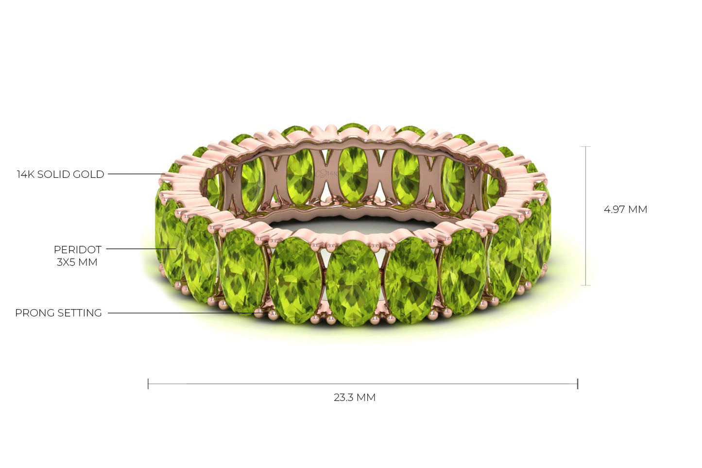 Stackable Eternity Band With 5 Ct Peridot Prong Set In 14k Solid Gold Bridal Rings