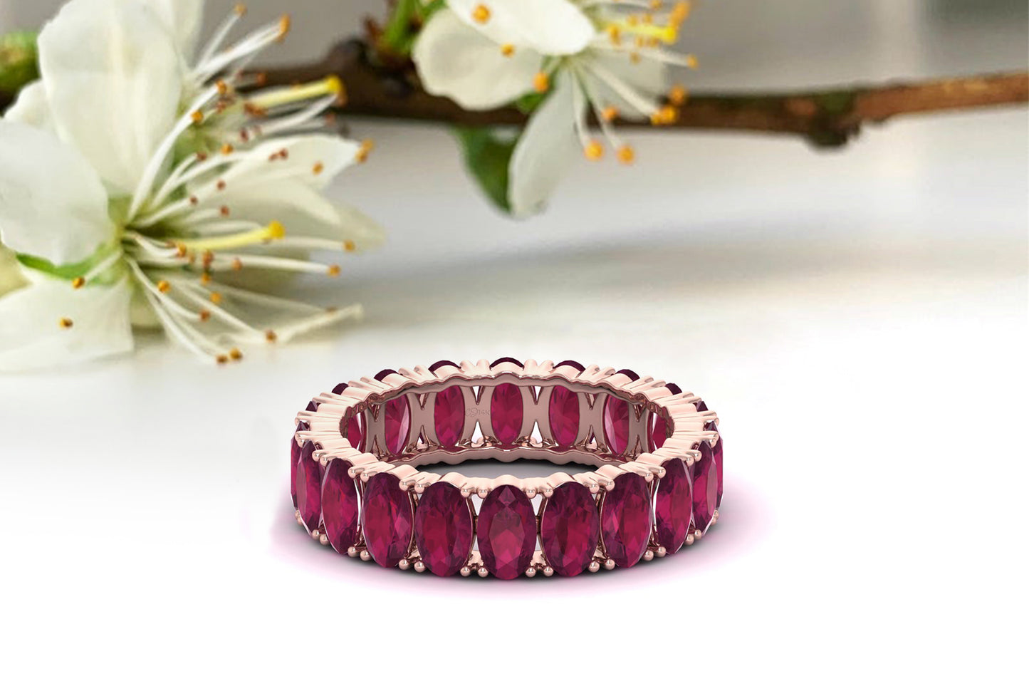 Eternity Engagement Band In 14k Pure Gold Burma Ruby 5x3mm Gemstone Proposal Ring
