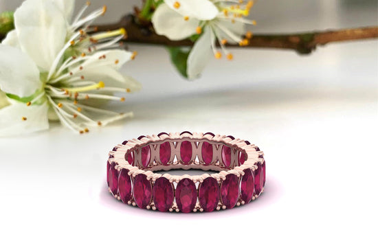 Eternity Engagement Band In 14k Pure Gold Burma Ruby 5x3mm Gemstone Proposal Ring